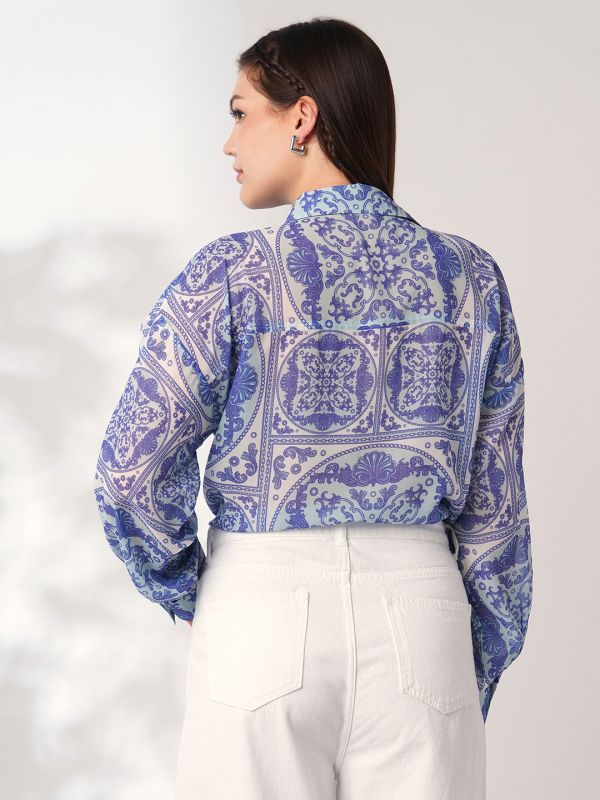 Globus Women Blue Ethnic Print Spread Collar Cuffed Sleeves Oversized Shirt