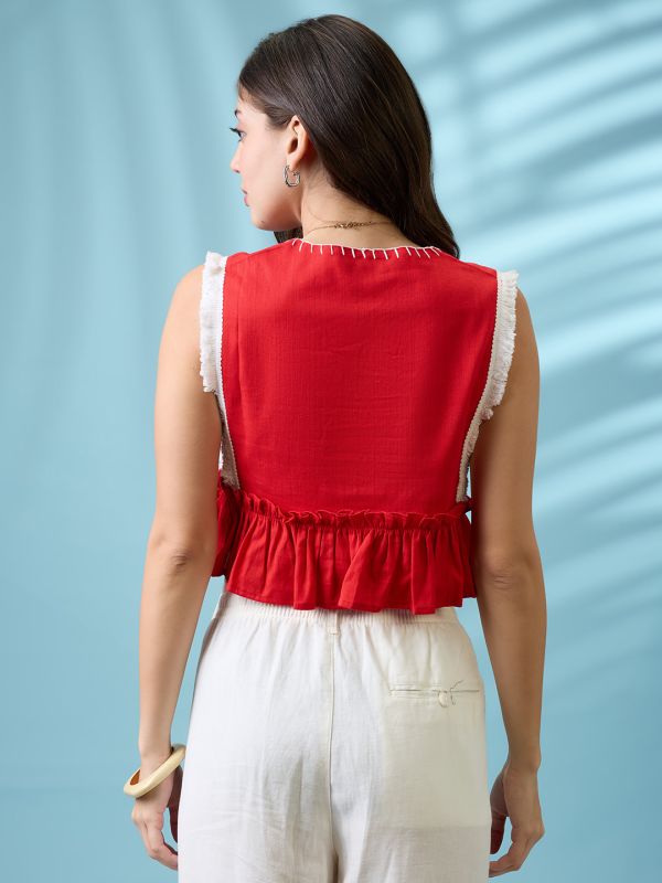Globus Women Red V-Neck Thread Work Detail & Lace Inserts Pleated Crop Top