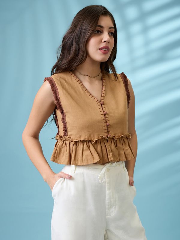Globus Women Beige V-Neck Thread Work Detail & Lace Inserts Pleated Crop Top