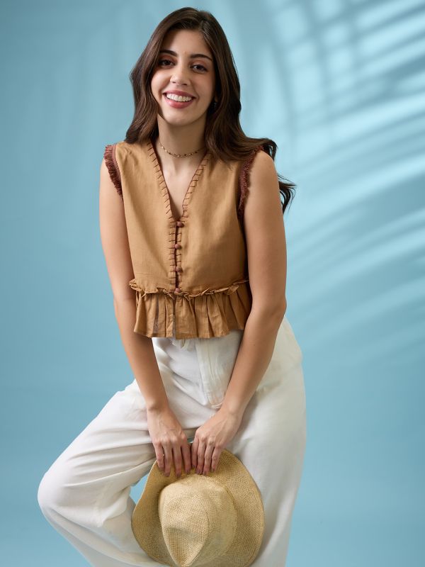Globus Women Beige V-Neck Thread Work Detail & Lace Inserts Pleated Crop Top