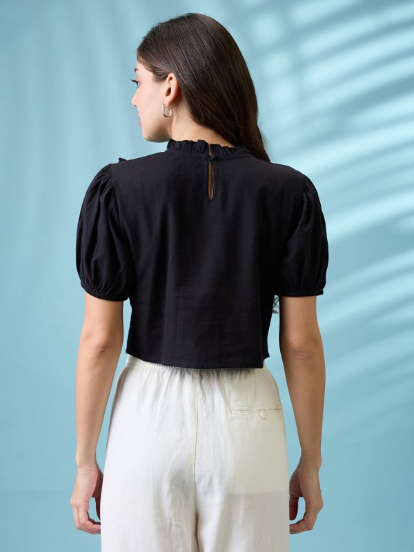 Globus Women Black High Neck Puff Sleeves Frills & Embroidered Detail Crop Top