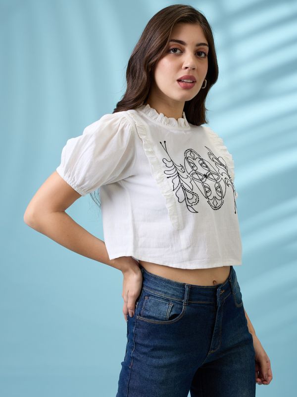 Globus Women White High Neck Puff Sleeves Frills & Embroidered Detail Crop Top