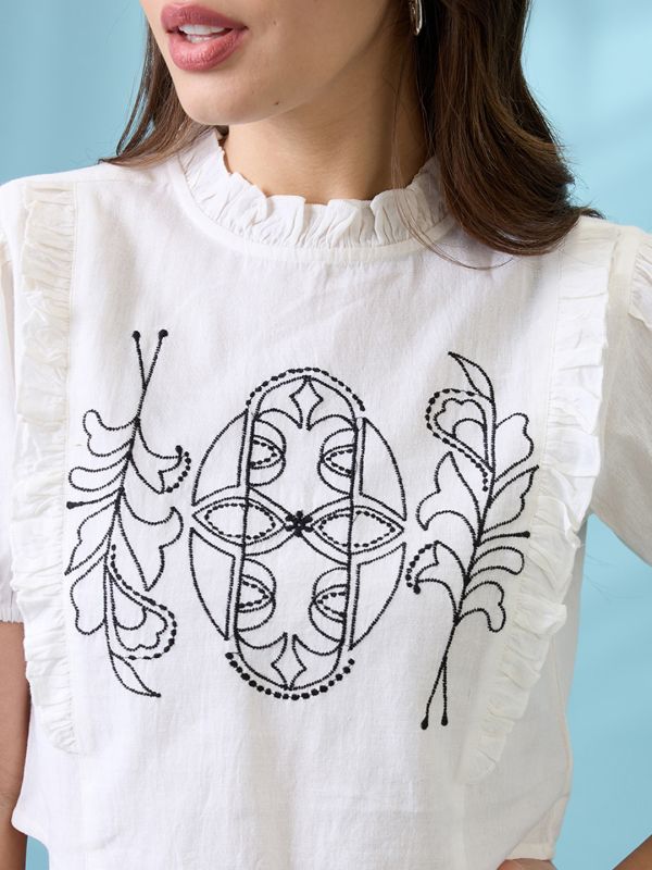 Globus Women White High Neck Puff Sleeves Frills & Embroidered Detail Crop Top