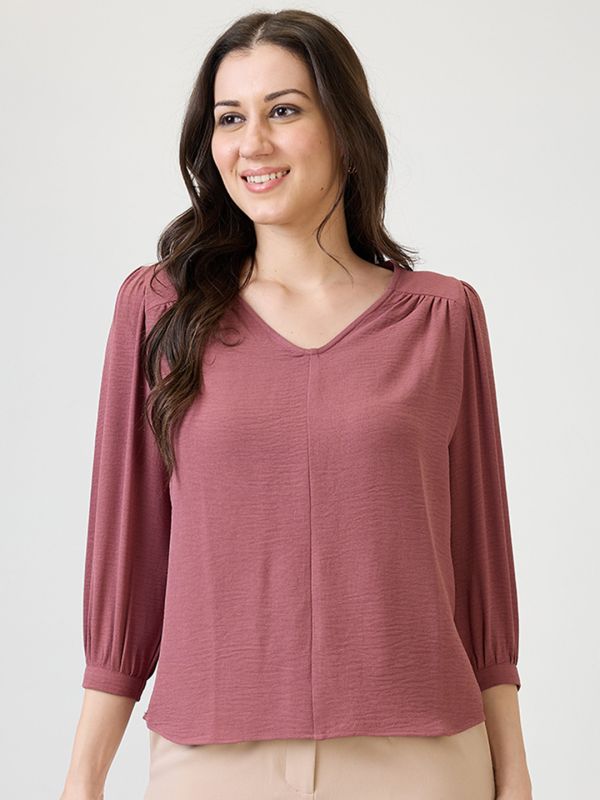 Globus Women Pink Self Design V-Neck Gathered detail Workwear Top
