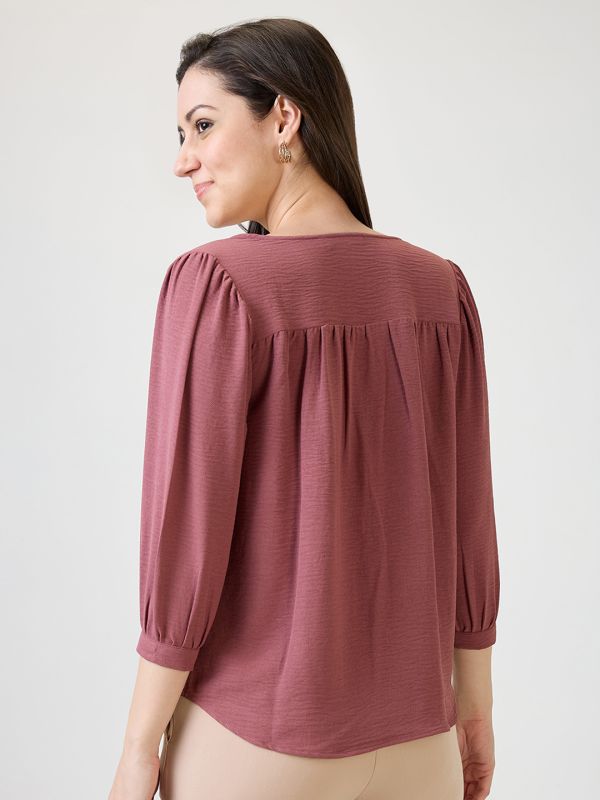 Globus Women Pink Self Design V-Neck Gathered detail Workwear Top