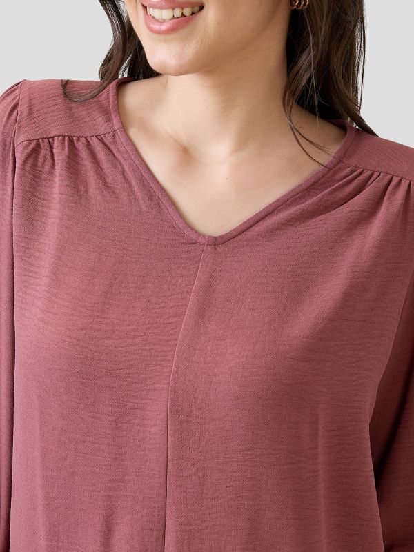Globus Women Pink Self Design V-Neck Gathered detail Workwear Top