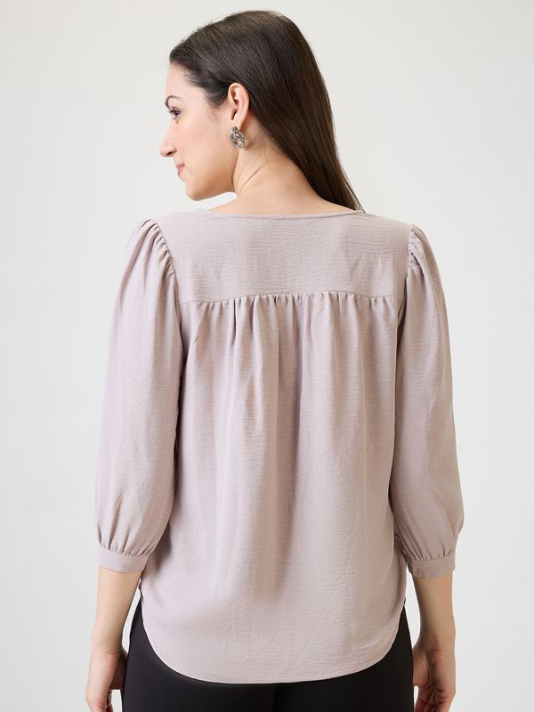 Globus Women Grey Self Design V-Neck Gathered detail Workwear Top