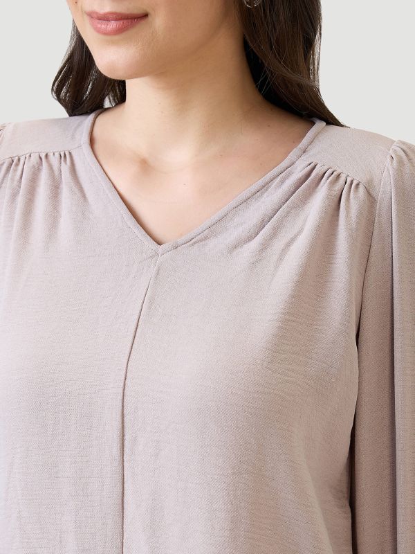 Globus Women Grey Self Design V-Neck Gathered detail Workwear Top