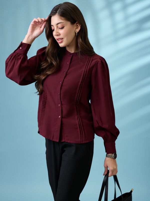Globus Women Burgundy Pleated Mandarin Collar Cuffed Sleeves Workwear Shirt