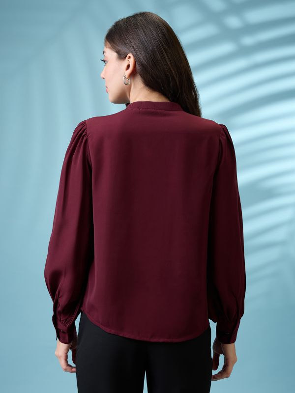 Globus Women Burgundy Pleated Mandarin Collar Cuffed Sleeves Workwear Shirt