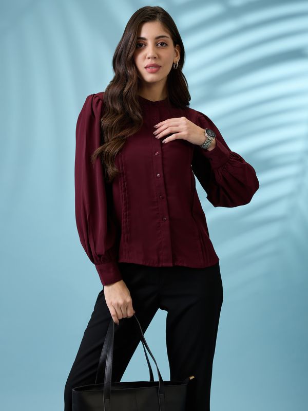 Globus Women Burgundy Pleated Mandarin Collar Cuffed Sleeves Workwear Shirt