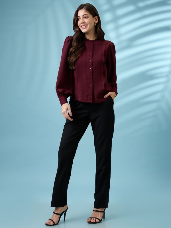 Globus Women Burgundy Pleated Mandarin Collar Cuffed Sleeves Workwear Shirt