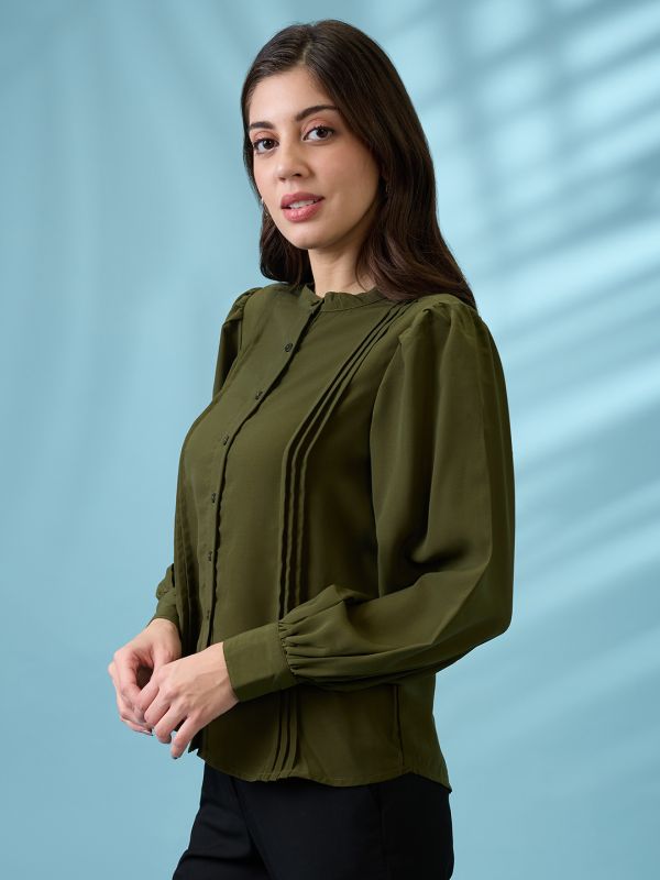 Globus Women Green Pleated Mandarin Collar Cuffed Sleeves Workwear Shirt