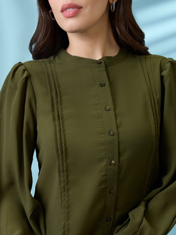 Globus Women Green Pleated Mandarin Collar Cuffed Sleeves Workwear Shirt