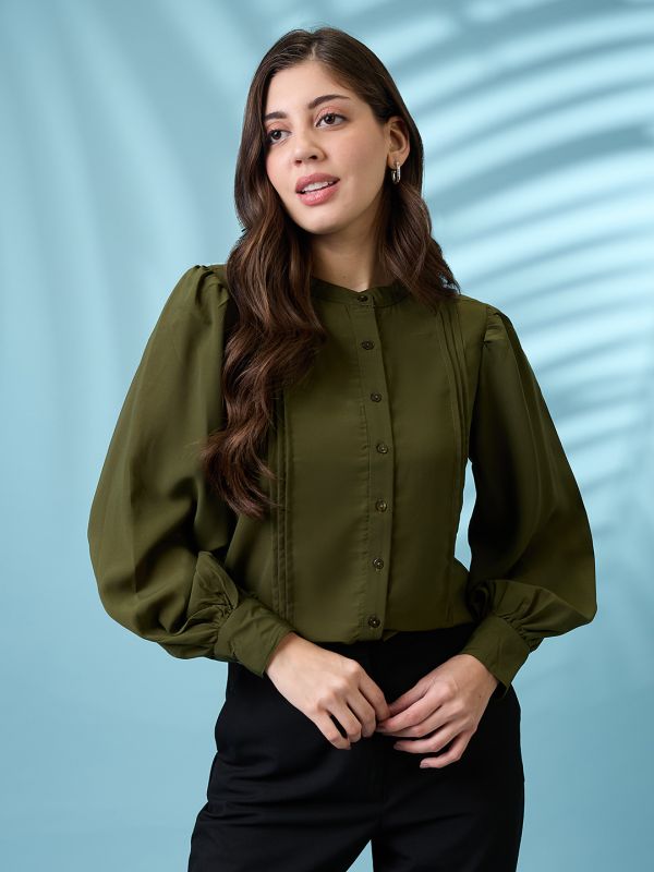Globus Women Green Pleated Mandarin Collar Cuffed Sleeves Workwear Shirt