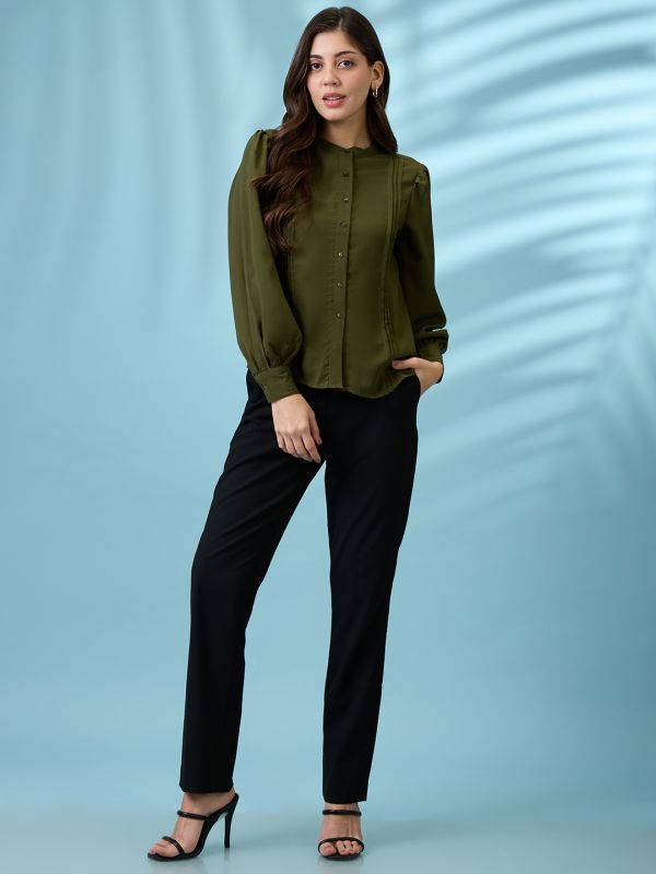 Globus Women Green Pleated Mandarin Collar Cuffed Sleeves Workwear Shirt