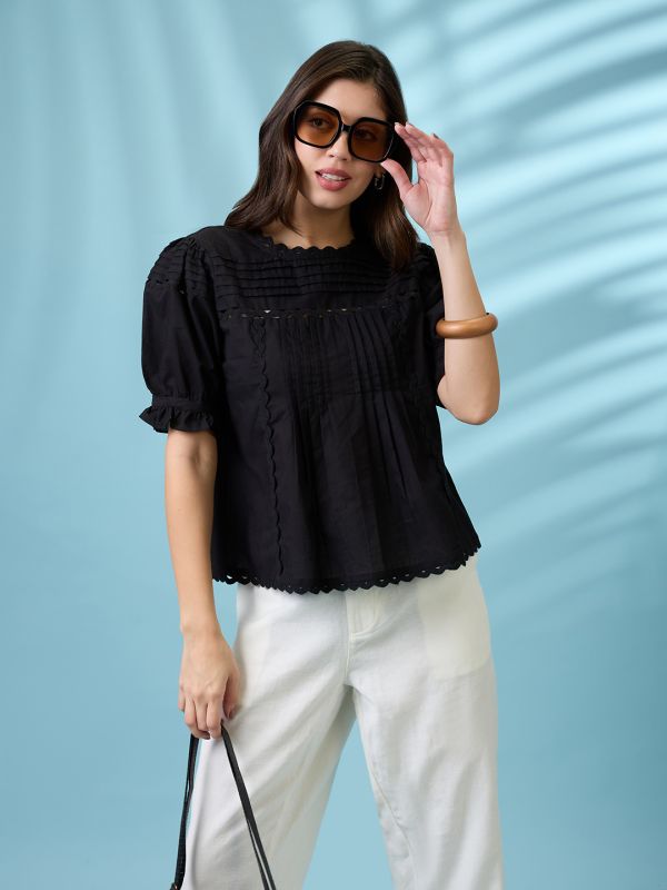 Globus Women Black Round Neck Puff Sleeves Solid Lace Inserts Pleated Top