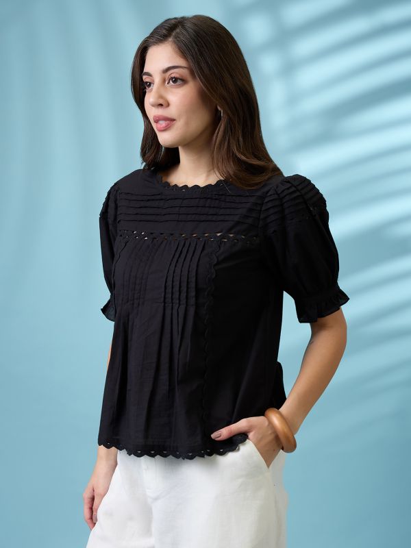 Globus Women Black Round Neck Puff Sleeves Solid Lace Inserts Pleated Top