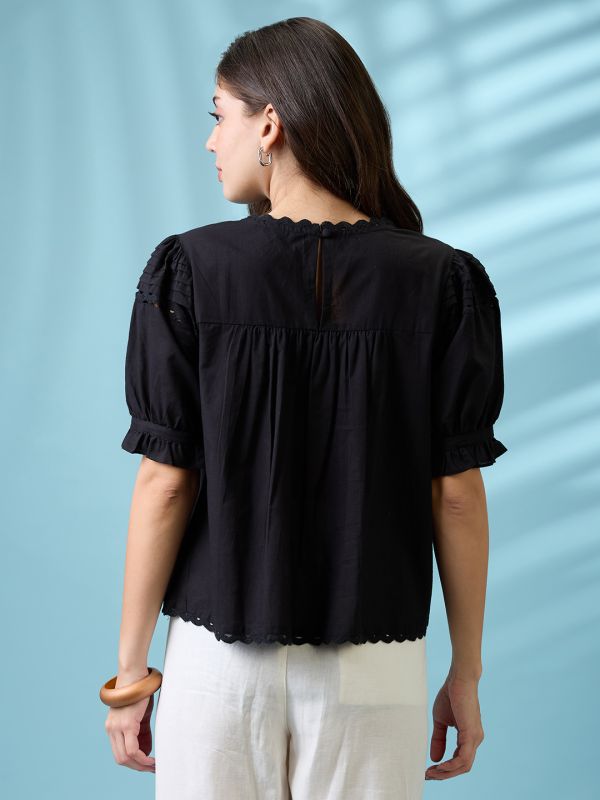 Globus Women Black Round Neck Puff Sleeves Solid Lace Inserts Pleated Top