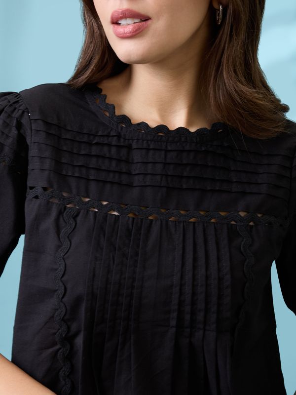Globus Women Black Round Neck Puff Sleeves Solid Lace Inserts Pleated Top