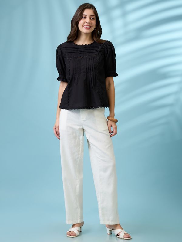 Globus Women Black Round Neck Puff Sleeves Solid Lace Inserts Pleated Top