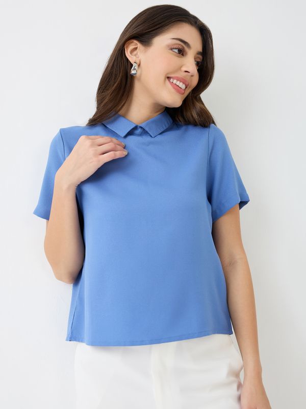 Globus Women Blue Short Sleeves Collared Neck Back Button Shirt Style Workwear Top