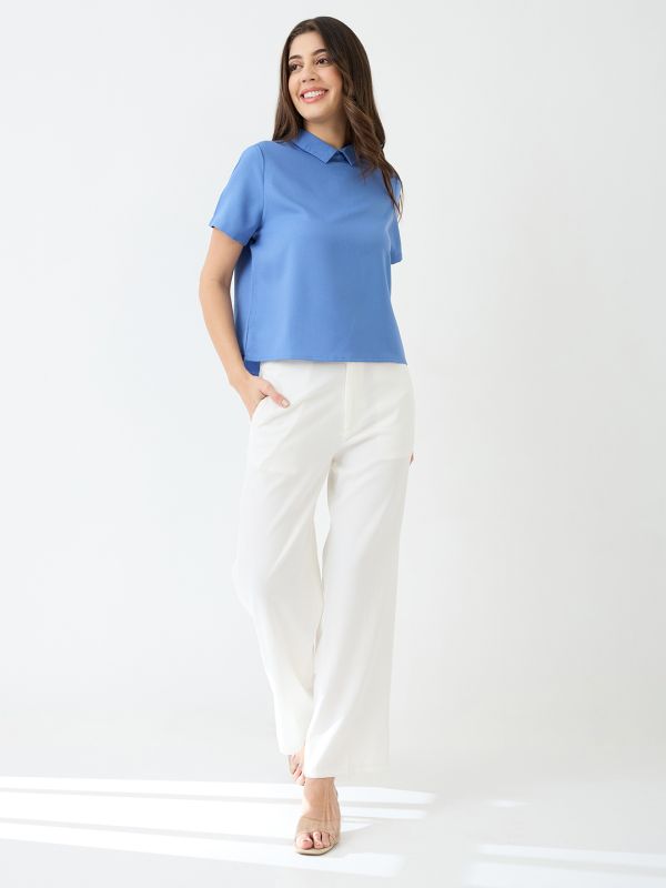 Globus Women Blue Short Sleeves Collared Neck Back Button Shirt Style Workwear Top