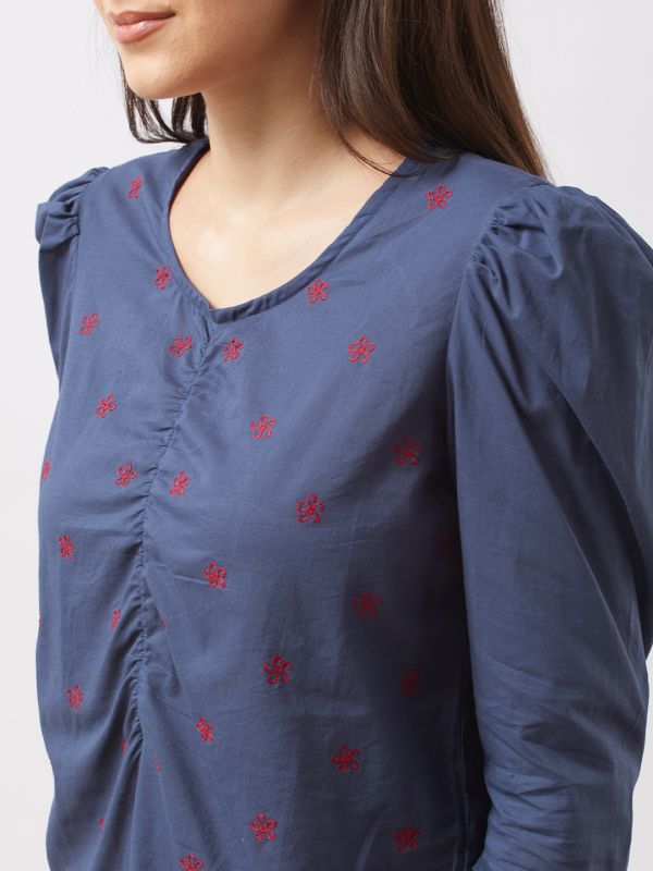 Globus Women Blue Puff Sleeves Floral Embroidered Gathered Detail Top