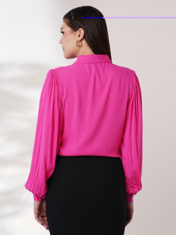 Globus Women Pink Self Design Spread Collar Puff Sleeves Workwear Shirt