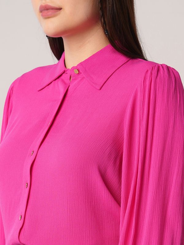 Globus Women Pink Self Design Spread Collar Puff Sleeves Workwear Shirt