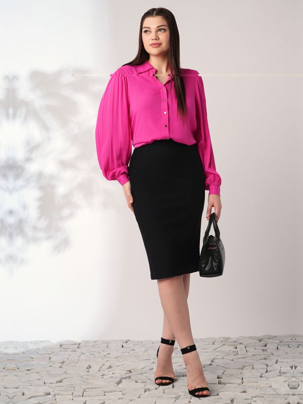 Globus Women Pink Self Design Spread Collar Puff Sleeves Workwear Shirt