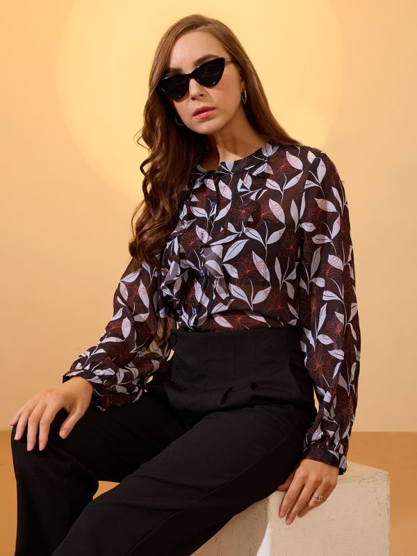 Globus Women Black Mandarin Collar Long Sleeves Floral Print Ruffles Detail Georgette Shirt Style Top