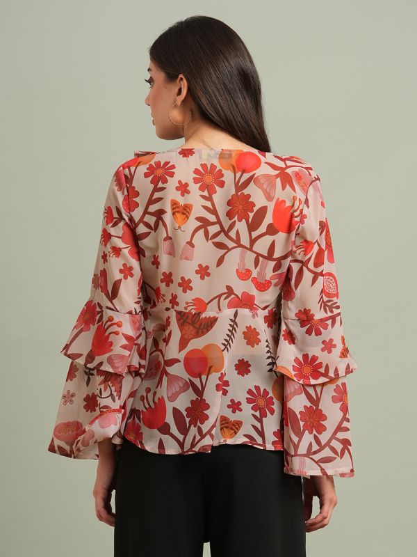 Globus Women Red V-Neck Bell Sleeves Floral Print Ruffle Detail Georgette Peplum Top