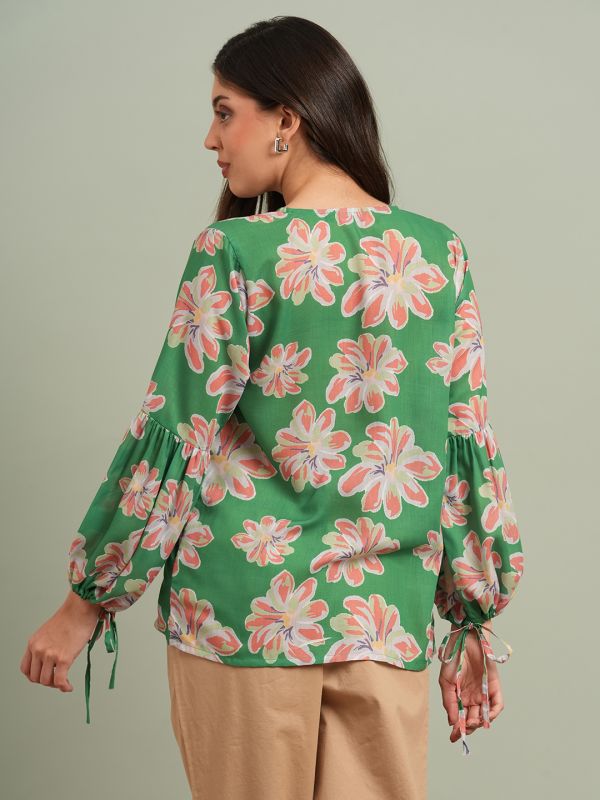 Globus Women Green Floral Print V-Neck Bishop Sleeves Shirt Style Top