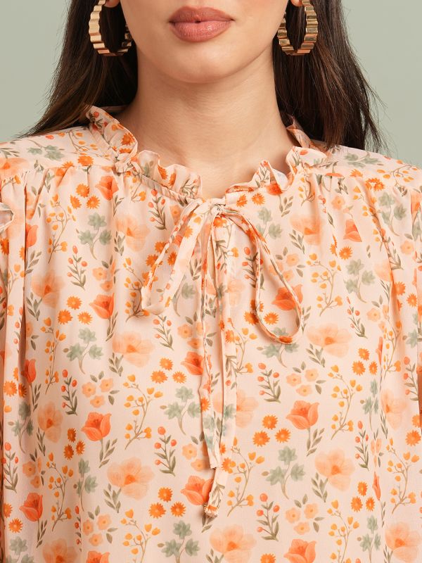 Globus Women Orange Floral Print Bishop Sleeves Tie-Up Round Neck Ruffle Detail Top