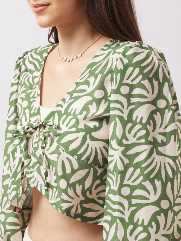 Globus Women Green V-Neck Bishop Sleeves Abstract Print Tie-Up Detail Wrap Top