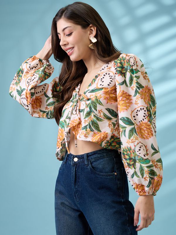 Globus Women Yellow V-Neck Bishop Sleeves Tropical Print Tie-Up Detail Wrap Top