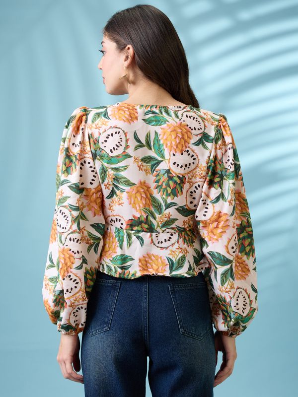 Globus Women Yellow V-Neck Bishop Sleeves Tropical Print Tie-Up Detail Wrap Top