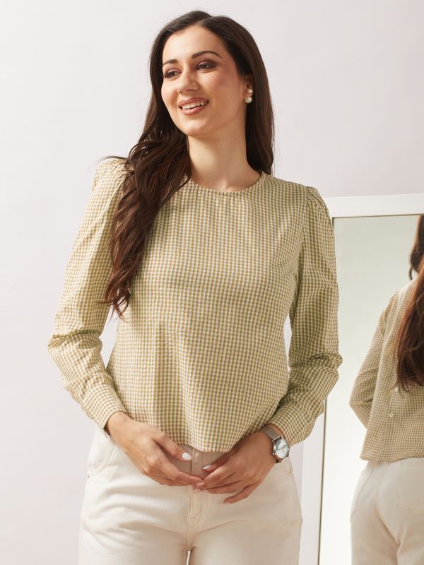 Globus Women Brown Checkered Back Button Detailing Cuffed Sleeves Curved Hem Shirt Style Top