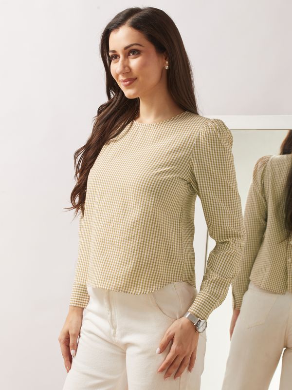 Globus Women Brown Checkered Back Button Detailing Cuffed Sleeves Curved Hem Shirt Style Top