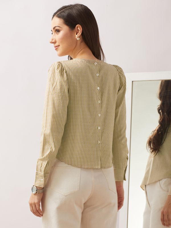 Globus Women Brown Checkered Back Button Detailing Cuffed Sleeves Curved Hem Shirt Style Top