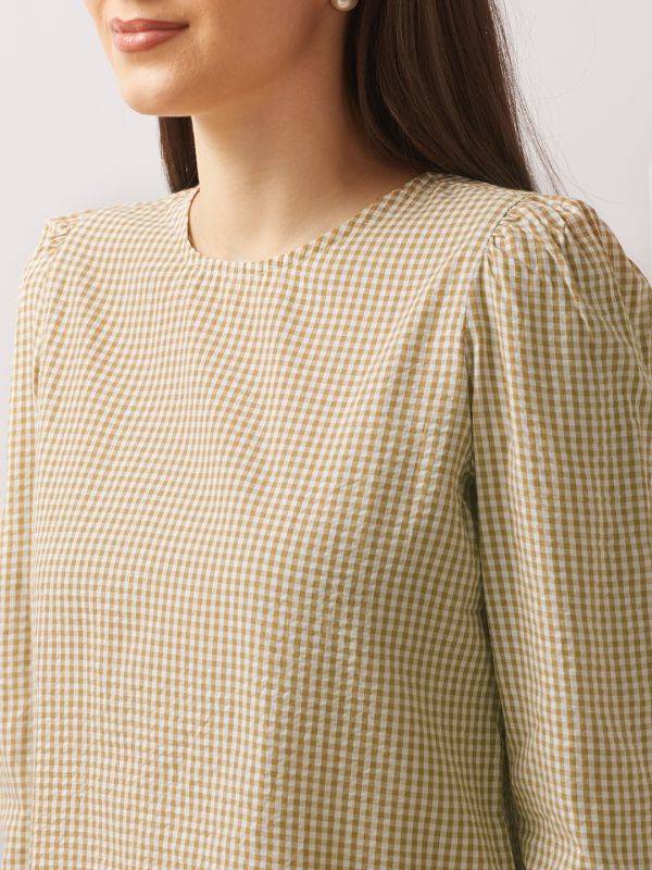 Globus Women Brown Checkered Back Button Detailing Cuffed Sleeves Curved Hem Shirt Style Top