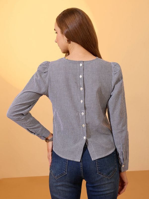 Globus Women Black Checkered Back Button Detailing Cuffed Sleeves Curved Hem Shirt Style Top