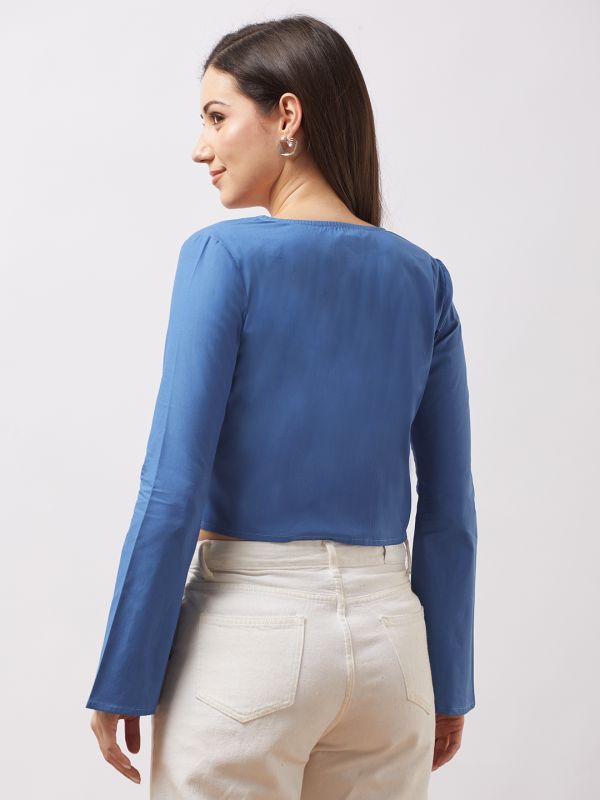 Globus Women Blue Tie-Up V-Neck Bell Sleeves Embroidered Detail Front Open Crop Top