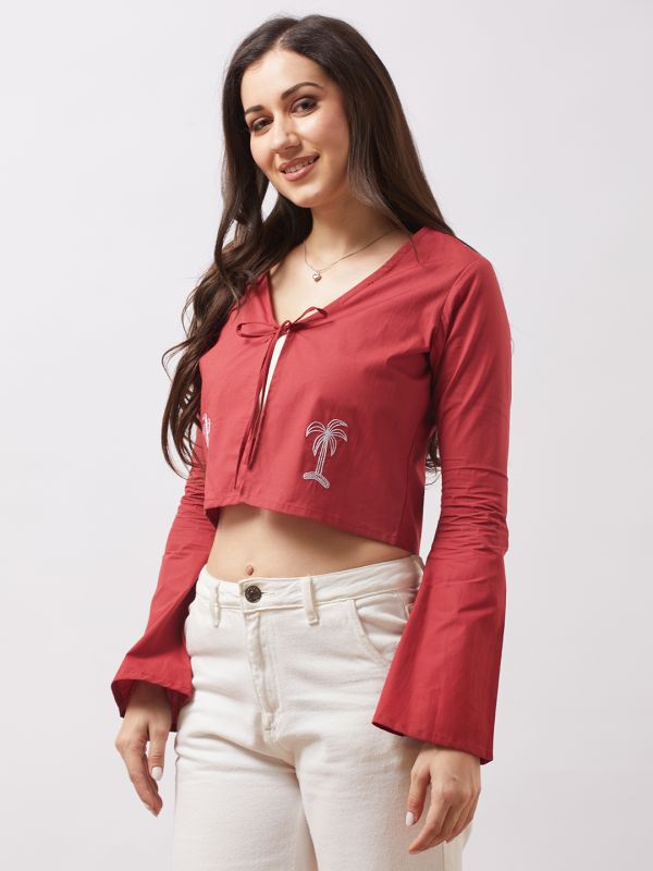 Globus Women Brown Tie-Up V-Neck Bell Sleeves Embroidered Detail Front Open Crop Top