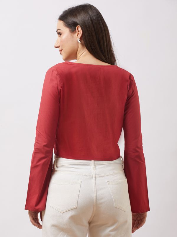 Globus Women Brown Tie-Up V-Neck Bell Sleeves Embroidered Detail Front Open Crop Top