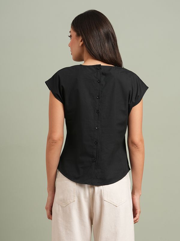 Globus Women Black Extended Sleeves Embroidered Detail Back Button Top