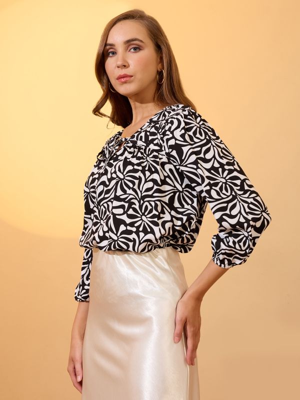 Globus Women Black V-neck Bishop Sleeves Abstract Print Tie Up detailing Top