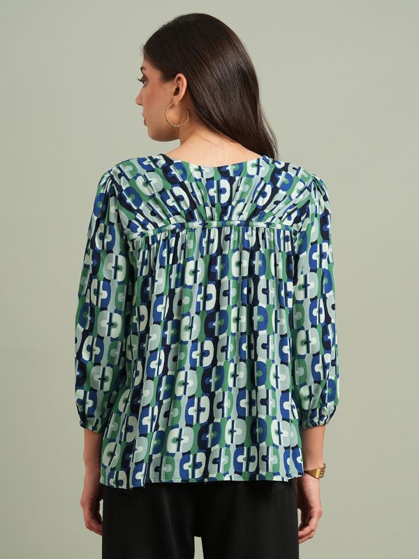 Globus Women Green V-neck Bishop Sleeves Abstract Print Tie Up detailing Top