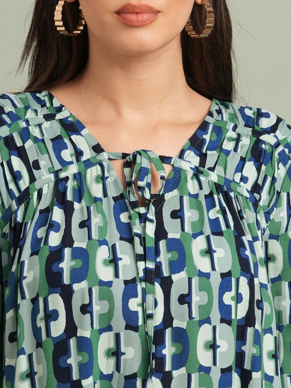 Globus Women Green V-neck Bishop Sleeves Abstract Print Tie Up detailing Top